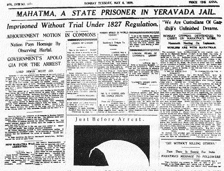 Newspaper report of Gandhi's arrest and imprisonment without trail
